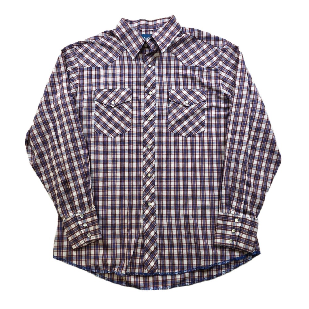 Wrangler Western Shirt Mens Large Blue Red Plaid Pearl Snap Long Sleeve